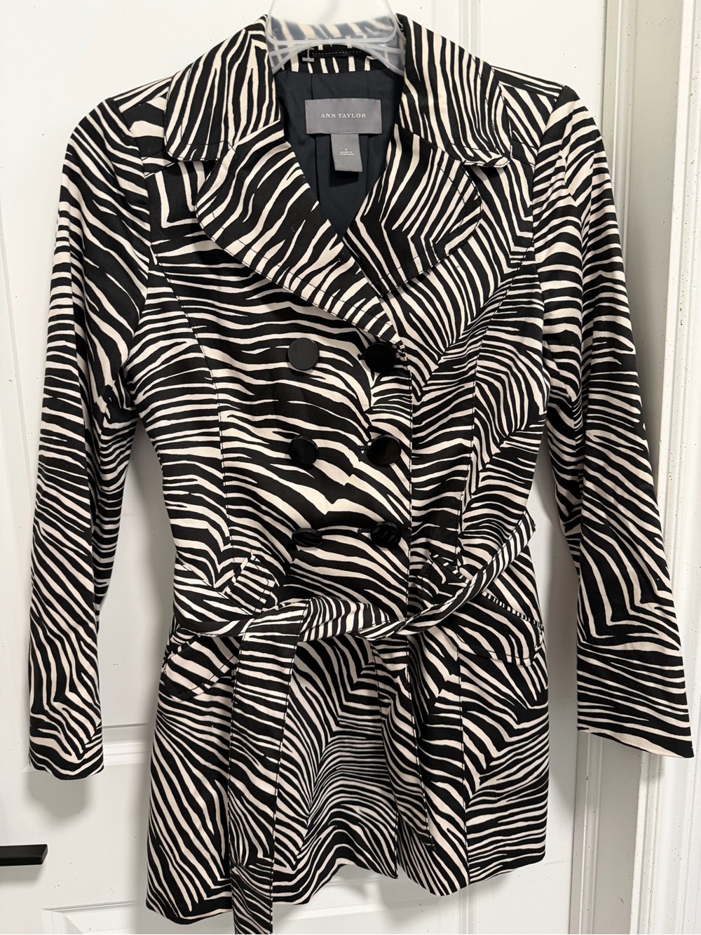 Ann Taylor Black and White Zebra-Print Double-Breasted Trench